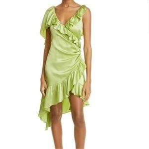 Cinq a Sept Petunya Prickly Pear Green Silk Ruffle Asymmetrical Hem Dress 8 NEW